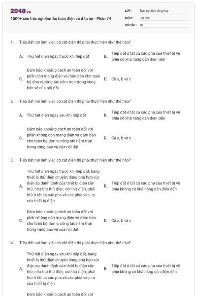 1000+ câu trắc nghiệm An toàn điện có đáp án - Phần 74