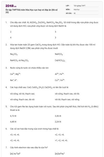 Ôn tập THPTGQ môn Hóa Học cực hay có đáp án (Đề số 20)