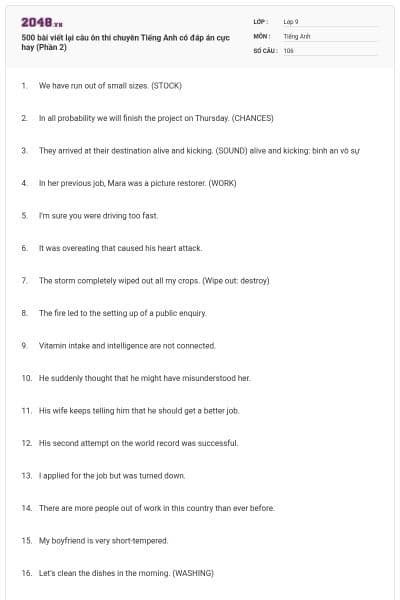 500 bài viết lại câu ôn thi chuyên Tiếng Anh có đáp án cực hay (Phần 2)