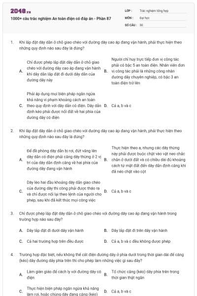 1000+ câu trắc nghiệm An toàn điện có đáp án - Phần 87