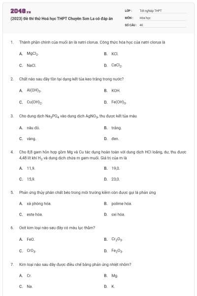 (2023) Đề thi thử Hoá học THPT Chuyên Sơn La có đáp án