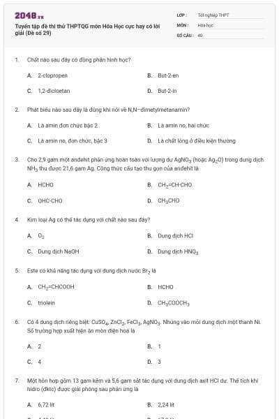 Tuyển tập đề thi thử THPTQG môn Hóa Học cực hay có lời giải (Đề số 29)