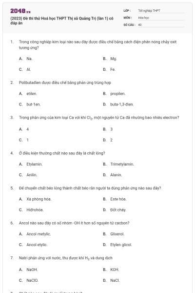 (2023) Đề thi thử Hoá học THPT Thị xã Quảng Trị (lần 1) có đáp án