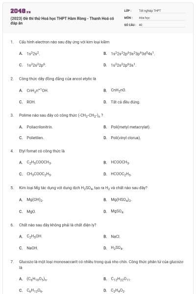 (2023) Đề thi thử Hoá học THPT Hàm Rồng - Thanh Hoá có đáp án