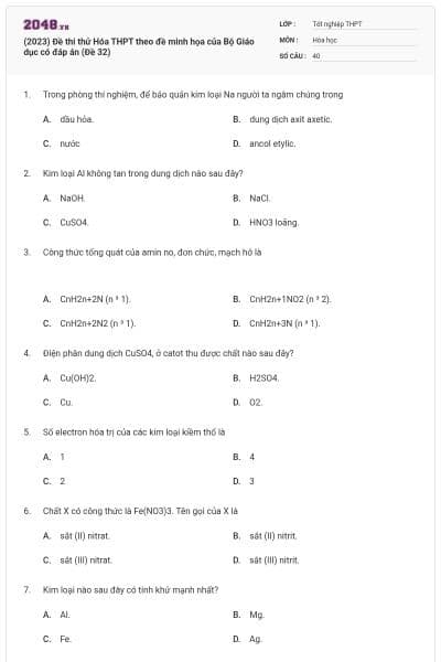 (2023) Đề thi thử Hóa THPT theo đề minh họa của Bộ Giáo dục có đáp án (Đề 32)