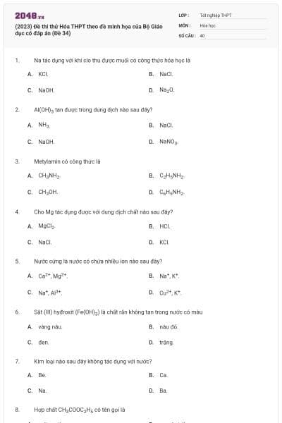 (2023) Đề thi thử Hóa THPT theo đề minh họa của Bộ Giáo dục có đáp án (Đề 34)