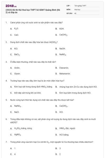 (2023) Đề thi thử Hoá học THPT Sở GDĐT Quảng Bình (Đề 2) có đáp án