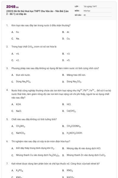 (2023) Đề thi thử Hoá học THPT Chu Văn An - Yên Bái (Lần 2 - Đề 1) có đáp án