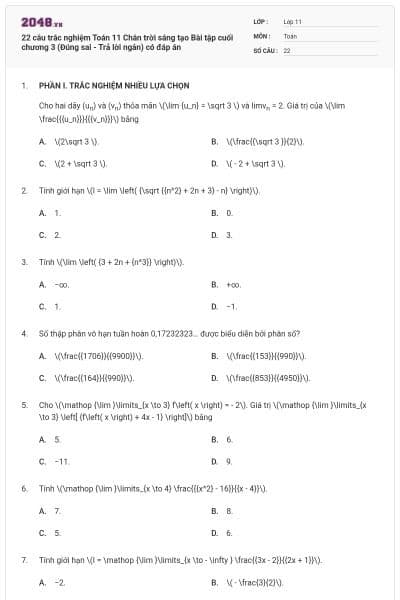 22 câu trắc nghiệm Toán 11 Chân trời sáng tạo Bài tập cuối chương 3 (Đúng sai - Trả lời ngắn) có đáp án