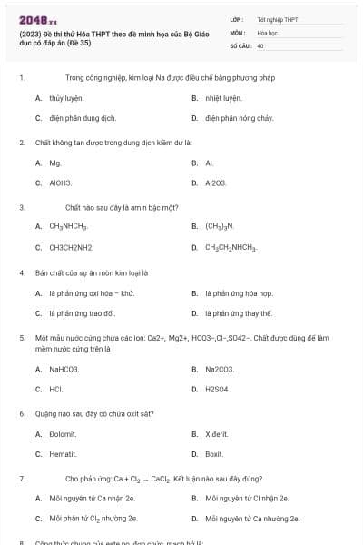 (2023) Đề thi thử Hóa THPT theo đề minh họa của Bộ Giáo dục có đáp án (Đề 35)