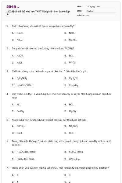 (2023) Đề thi thử Hoá học THPT Sông Mã - Sơn La có đáp án