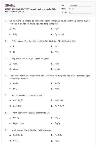 (2023) Đề thi thử Hóa THPT theo đề minh họa của Bộ Giáo dục có đáp án (Đề 38)