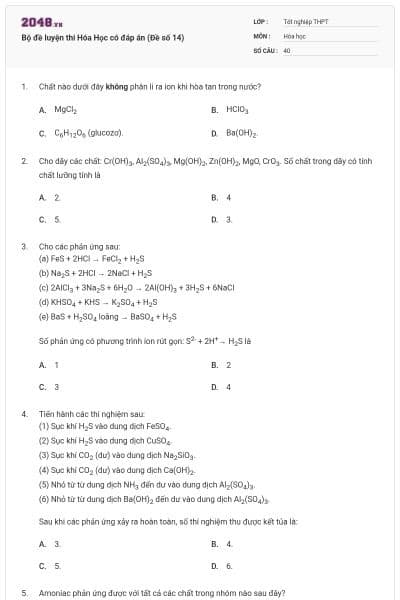 Bộ đề luyện thi Hóa Học có đáp án (Đề số 14)