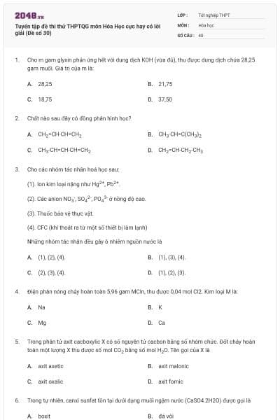 Tuyển tập đề thi thử THPTQG môn Hóa Học cực hay có lời giải (Đề số 30)