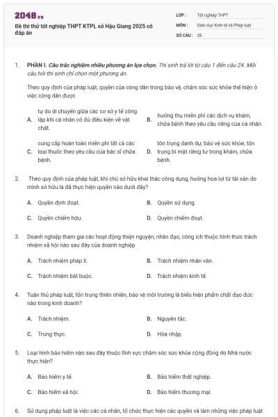 Đề thi thử tốt nghiệp THPT KTPL sở Hậu Giang 2025 có đáp án