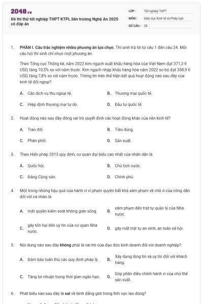 Đề thi thử tốt nghiệp THPT KTPL liên trường Nghệ An 2025 có đáp án