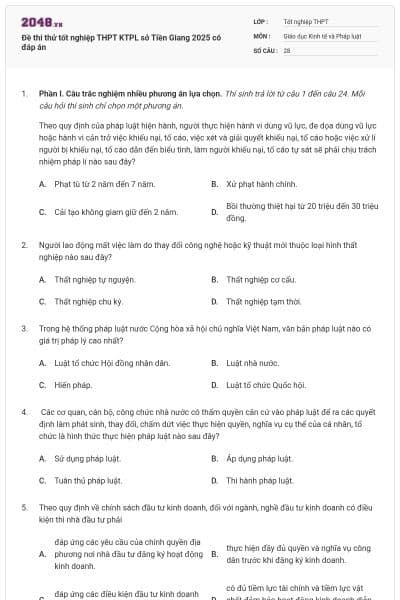Đề thi thử tốt nghiệp THPT KTPL sở Tiền Giang 2025 có đáp án