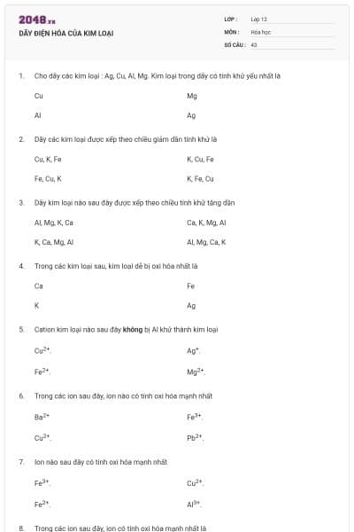 DÃY ĐIỆN HÓA CỦA KIM LOẠI