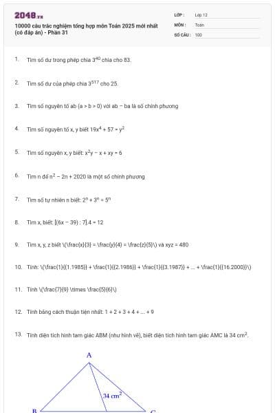 10000 câu trắc nghiệm tổng hợp môn Toán 2025 mới nhất (có đáp án) - Phần 31