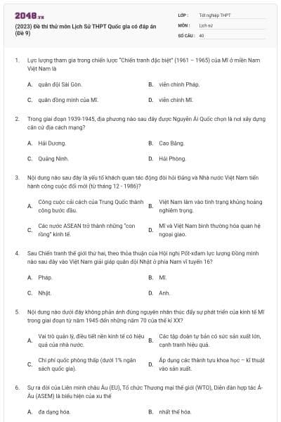 (2023) Đề thi thử môn Lịch Sử THPT Quốc gia có đáp án (Đề 9)