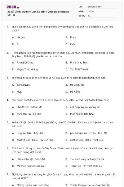 (2023) Đề thi thử môn Lịch Sử THPT Quốc gia có đáp án (Đề 10)