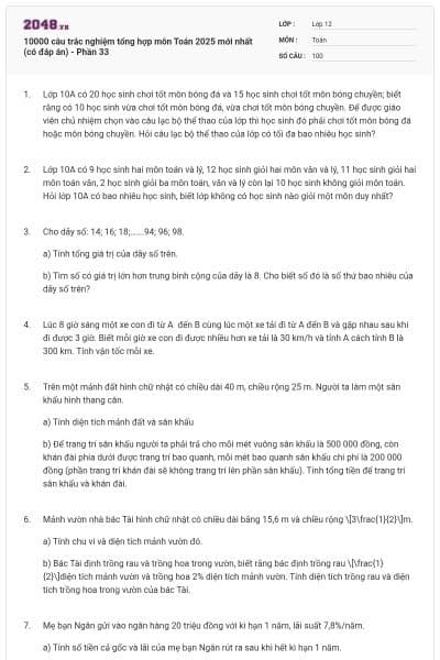 10000 câu trắc nghiệm tổng hợp môn Toán 2025 mới nhất (có đáp án) - Phần 33