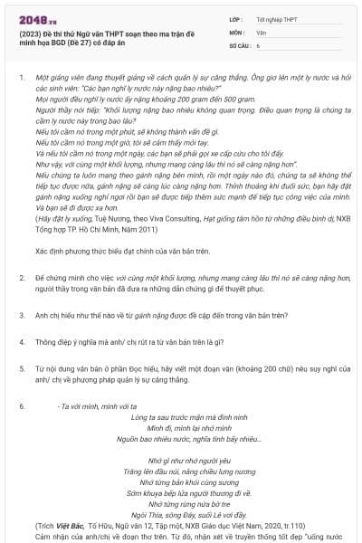 (2023) Đề thi thử Ngữ văn THPT soạn theo ma trận đề minh họa BGD (Đề 27) có đáp án