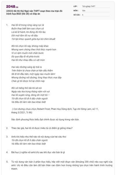 (2023) Đề thi thử Ngữ văn THPT soạn theo ma trận đề minh họa BGD (Đề 28) có đáp án
