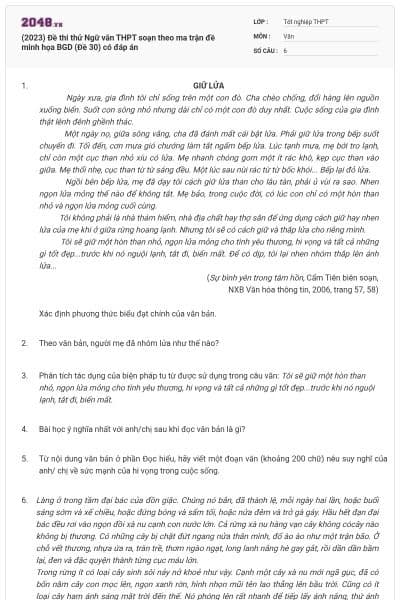 (2023) Đề thi thử Ngữ văn THPT soạn theo ma trận đề minh họa BGD (Đề 30) có đáp án