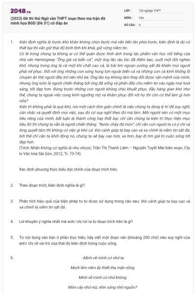 (2023) Đề thi thử Ngữ văn THPT soạn theo ma trận đề minh họa BGD (Đề 31) có đáp án