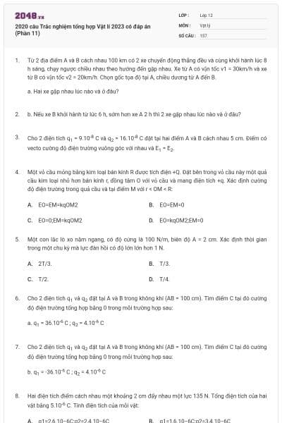 2020 câu Trắc nghiệm tổng hợp Vật lí 2023 có đáp án (Phần 11)