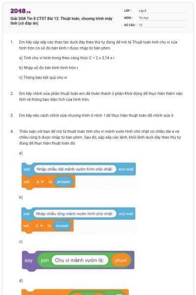 Giải SGK Tin 8 CTST Bài 12: Thuật toán, chương trình máy tính (có đáp án)