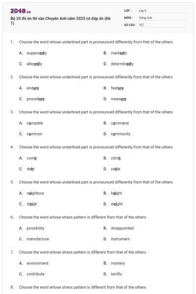 Bộ 20 đề ôn thi vào Chuyên Anh năm 2023 có đáp án (Đề 1)