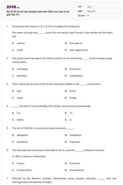 Bộ 20 đề ôn thi vào Chuyên Anh năm 2023 cực hay có lời giải (Đề 21)
