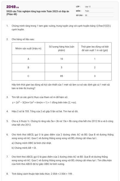 5920 câu Trắc nghiệm tổng hợp môn Toán 2023 có đáp án (Phần 48)