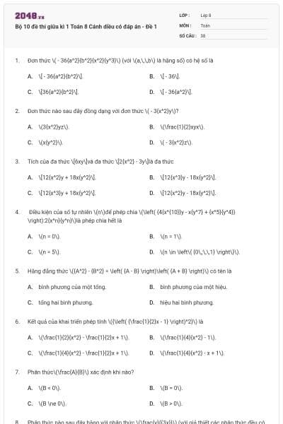 Bộ 10 đề thi giữa kì 1 Toán 8 Cánh diều có đáp án - Đề 1