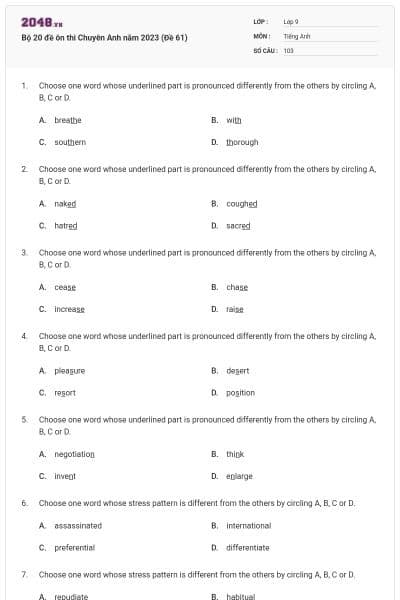 Bộ 20 đề ôn thi Chuyên Anh năm 2023 (Đề 61)