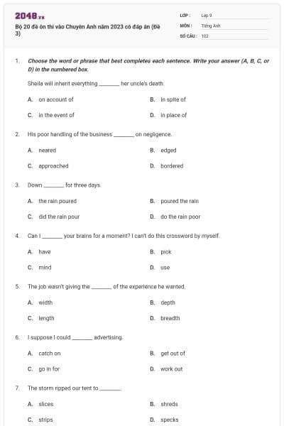 Bộ 20 đề ôn thi vào Chuyên Anh năm 2023 có đáp án (Đề 3)