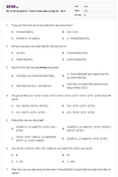 Bộ 10 đề thi giữa kì 1 Toán 8 Cánh diều có đáp án - Đề 5