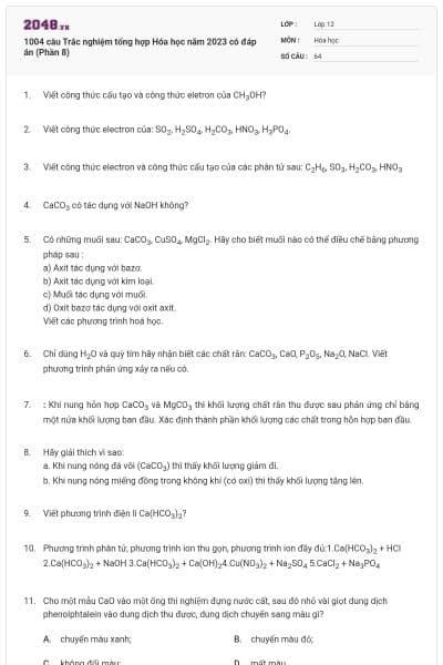 1004 câu Trắc nghiệm tổng hợp Hóa học năm 2023 có đáp án (Phần 8)