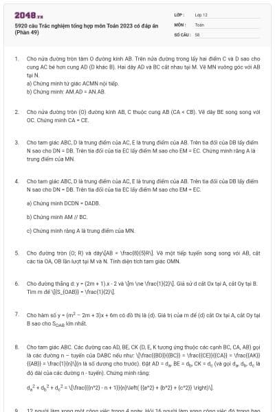 5920 câu Trắc nghiệm tổng hợp môn Toán 2023 có đáp án (Phần 49)