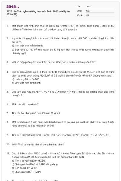 5920 câu Trắc nghiệm tổng hợp môn Toán 2023 có đáp án (Phần 52)