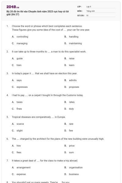 Bộ 20 đề ôn thi vào Chuyên Anh năm 2023 cực hay có lời giải (Đề 27)