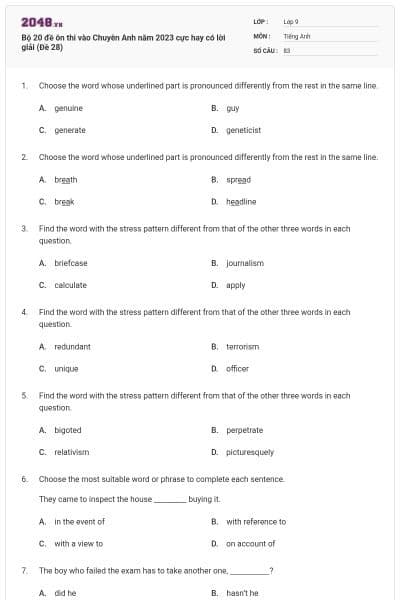 Bộ 20 đề ôn thi vào Chuyên Anh năm 2023 cực hay có lời giải (Đề 28)