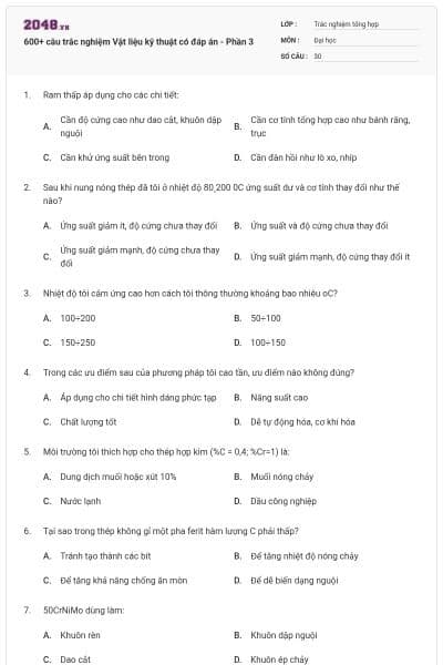 600+ câu trắc nghiệm Vật liệu kỹ thuật có đáp án - Phần 3