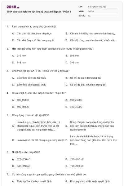 600+ câu trắc nghiệm Vật liệu kỹ thuật có đáp án - Phần 8