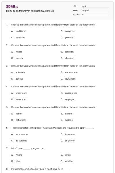 Bộ 20 đề ôn thi Chuyên Anh năm 2023 (Đề 63)