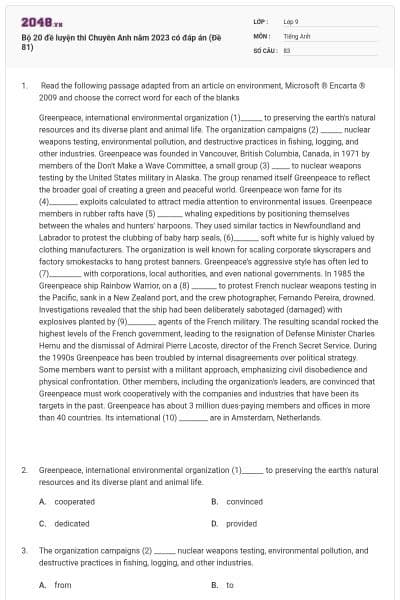 Bộ 20 đề luyện thi Chuyên Anh năm 2023 có đáp án (Đề 81)