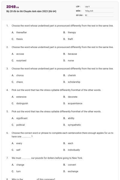 Bộ 20 đề ôn thi Chuyên Anh năm 2023 (Đề 64)
