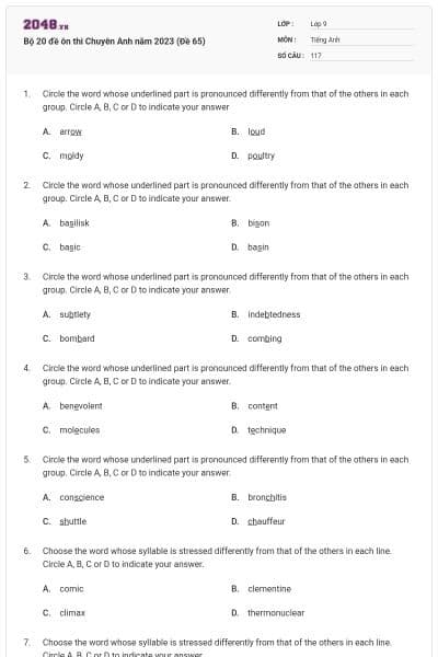 Bộ 20 đề ôn thi Chuyên Anh năm 2023 (Đề 65)